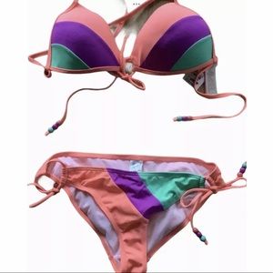 Damsel 2 Piece swimsuit bikini set colorblock teal green and coral size large